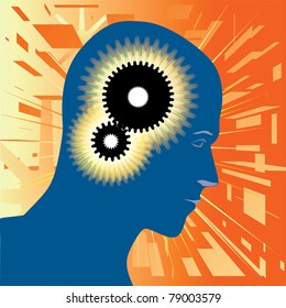 Vector illustration of a man thinking, gears inside his head