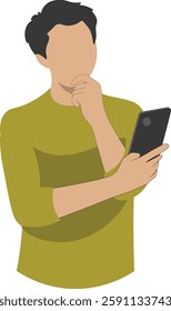 Vector illustration of a man thinking while looking at his smartphone