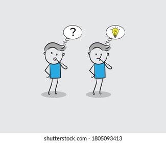 Ilustración vectorial del hombre con burbujas de pensamiento, hombre con signo de interrogación y bombilla de ideas en burbuja de pensamiento, concepto de compositor de dibujos animados.