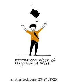 vector illustration of a man throwing a briefcase.International Week of Happiness at Work on September 20-25