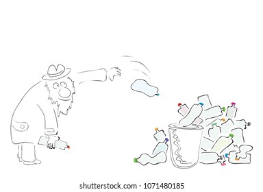 vector illustration man throws plastic bottles with colored lids into a crowded dumpster on a white background / growing problem of environmental pollution