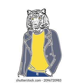 Vector illustration of a man with a tiger's head. A cruel, audacious image. Color illustration. Flat style