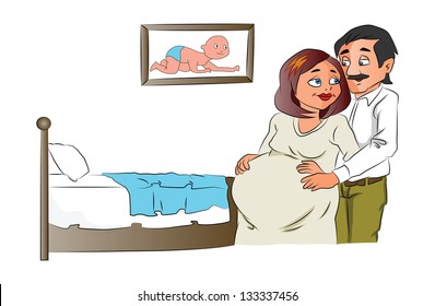 Imagen vectorial de un hombre tocando el vientre de su esposa embarazada, foto de un bebé en el fondo.