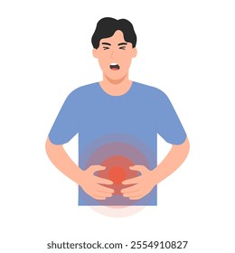 Vector illustration of a man touching his stomach digestive system problem. Indigestion due to overworked intestines. Stomach acid. Flat design.