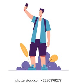 Vector illustration of man tourist traveler with backpack taking selfie.