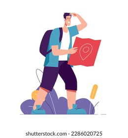 Vector illustration of man tourist traveler holding map and looking far away.