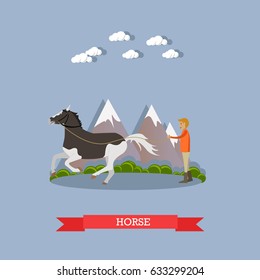 Vector illustration of man training beautiful piebald horse. Flat style design element.