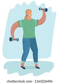 Vector illustration of man is training with dumbbells. Vector sport illustration. Athlete make exersice.