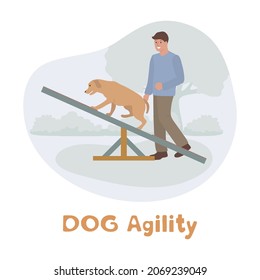 Vector illustration Man training his dog on agility field. Playing together. Dog Agility Competition. Hurdles course event. Dog training center. Sport Equipment. Handler Pet Obstacle Exercise People