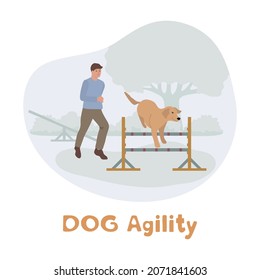 Vector illustration Man training his dog on agility field. Playing together. Dog Agility Competition. Hurdles course event. Dog training center. Sport Equipment. Handler Pet Obstacle Exercise People