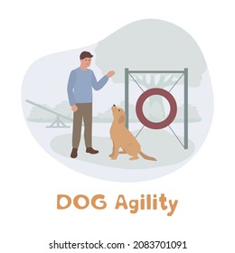 Vector illustration Man training his dog on agility field. Playing together. Dog Agility Competition. Hurdles course event. Dog training center. Sport Equipment. Handler Pet Obstacle Exercise People