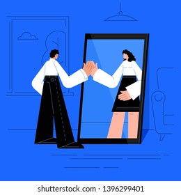 Vector illustration of a man transgender looking in a mirror and seeing a woman