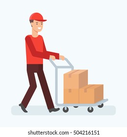 Vector illustration of man transporting boxes, cargo transportation concept