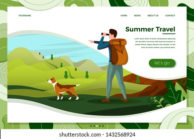 Vector illustration - man travel with dog, looking in binoculars on mountains, trees on background. Banner, site, poster template with place for your text.