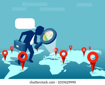 Vector illustration of man traveling across world looking for opportunities to invest in. 