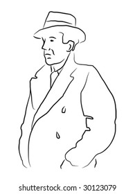 Vector illustration of a man in a trench coat and hat in outlines.