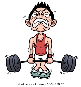 Vector illustration of man tries to lift a weight