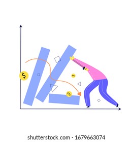 Vector illustration of man trying to keep stylized graph from falling. Investment failure, business collapse, financial crisis concept.