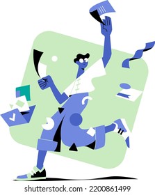 Vector illustration of a man trying to manage a large amount of paperwork