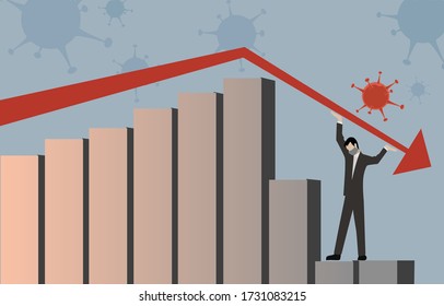 Vector illustration of man trying to prevent economic crisis after quarantine  