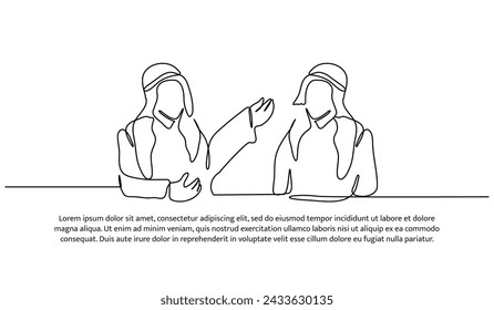 Vector illustration of a man in turban educates children. Modern flat in continuous line style.

