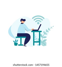vector illustration, a man is typing on a laptop, infographics, web landing page, print