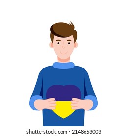 Imagen vectorial del hombre con el corazón ucraniano en las manos. Estilo plano, guerra en Ucrania, bandera ucraniana.