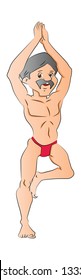 Vektorgrafik des Menschen in Unterwäsche, stehend in Yogabaum Pose.