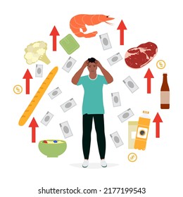 Ilustración vectorial El hombre está molesto. Precios en alza. Altos precios de los alimentos. Deuda. Guardando el presupuesto del hogar. Aumento de los costos. Dinero. Una persona estresada. Problema financiero