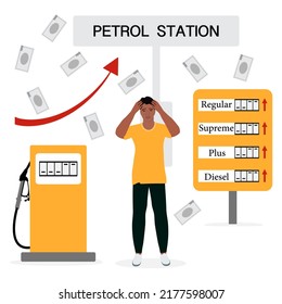 Vector illustration Man is upset. Rising gasoline prices. Gasoline price is getting way too high. Fluctuations prices. Situation on fuel market. Business. Money. Man suffering. Stressed person.