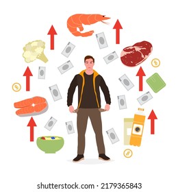 Vector illustration Man is upset. Rising prices. High prices of food. Debt. Saving home budget. Increased costs. Money. Stressed person. Financial problem