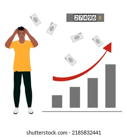 Vector illustration Man is upset. Rising prices. Increased costs. Economy. Money. Man suffering. Stressed person. Budget. Panic people. Sanctions. Financial problem