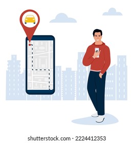 Vector illustration Man uses application on cell phone for rental car. Carsharing Car sharing Car clubs with digital online search. People rent car Vehicle Transport Mobility Transportation Network