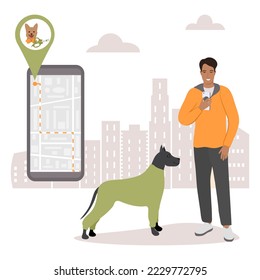 Vector illustration Man uses application on cell phone for search the nearest pet groomer. Professional grooming, hair salon for dogs. Domestic animal. Digital online Route. People. Location Map app