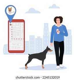 Vector illustration Man uses application on cell phone for search the nearest pet shop. Pet supplies store. Dog food. Digital online search. Route. People. Location. Map app
