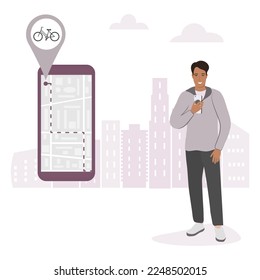Vector illustration Man uses application on cell phone for search  to search for bike rental. Sharing system. Public transport service People. Route. Location Map app