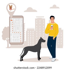 Vector illustration Man uses application on cell phone for search the nearest pet shop. Pet supplies store. Dog food. Digital online search. Route. People. Location. Map app