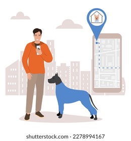 Vector illustration Man uses application on cell phone for search the dog shelter, pet hotel, hotel for overexposure of animals. Digital online search. Route. People. Location. Map app