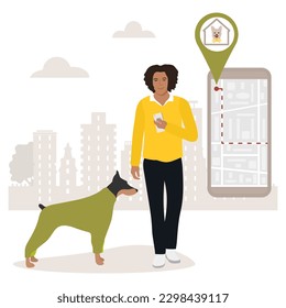 Vector illustration Man uses application on cell phone for search the dog shelter, pet hotel, hotel for overexposure of animals. Digital online search. Route. People. Location. Map app