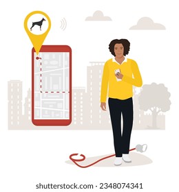 Vector illustration Man uses application on cell phone for search the lost dog by GPS tracker. Cellphone with a city map shows the movement of pet. Digital Online Route. Location. Pet tracking app