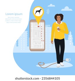Vector illustration Man uses application on cell phone for search the lost dog by GPS tracker. Cellphone with a city map shows the movement of pet. Digital Online Route. Location. Pet tracking app