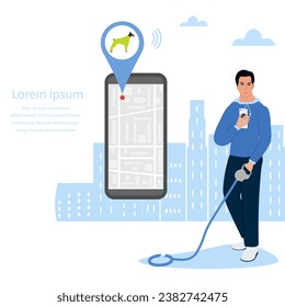 Vector illustration Man uses application on cell phone for search the lost dog by GPS tracker. Cellphone with a city map shows the movement of pet. Digital Online Route. Location. Pet tracking app