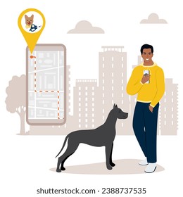 Vector illustration Man uses application on cell phone for search the nearest pet groomer. Professional grooming, hair salon for dogs. Domestic animal. Digital online Route. People. Location Map app