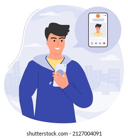 Vector illustration Man uses cell phone dating app. Find love online concept. Modern youth is looking for a couple. Social networks. Virtual relationships. Profile photo on dating app. Romantic