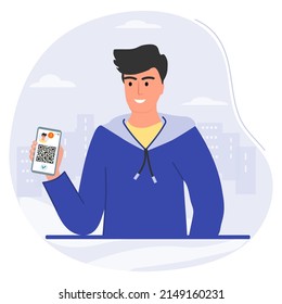 Vector illustration Man uses cell phone app to scan QR code. Barcode reader. Cashless technology. Digital money. QR code payment. Green pass. Vaccination proof. Safe travel