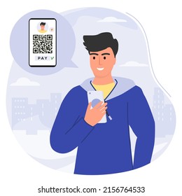 Vector Illustrator Man nutzt eine Handy-App, um QR-Code-Zahlungen zu scannen. Elektronische Brieftasche. Barcode-Leser. Unbarmherzige Technologie. Digitales Geld. Covid New normal