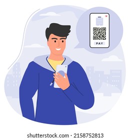 Vector illustration Man uses cell phone app to scan QR code payment. Electronic wallet. Barcode reader. Cashless technology. Digital money. Covid New normal