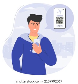 Ilustración vectorial Man utiliza la aplicación de teléfono móvil para escanear el pago de código QR. Cartera electrónica. Lector de código de barras. Tecnología sin precedentes. Dinero digital. Covid New normal