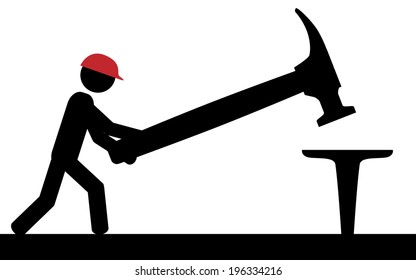 Vector / illustration. A man uses a hammer to hit a nail.