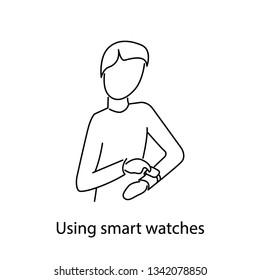 Vector illustration of man uses smart watches. Modern outline linear icon. Infographic. Isolated on white background